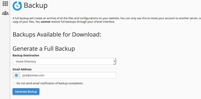 cPanel backup options