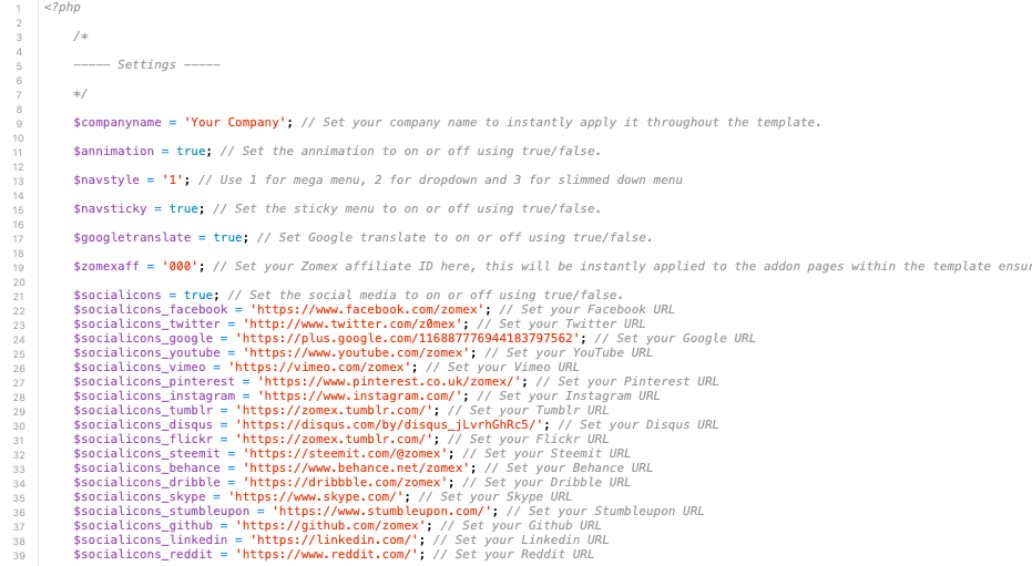 HTML Template settings file